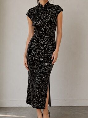 Vintage 90s Benjamin A. Black Gold Velvet Maxi Dress Size 10 Cheongsam Qipao